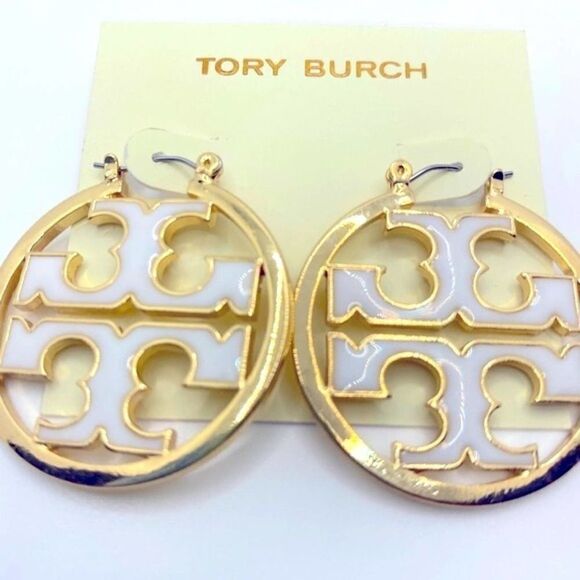 NWOT Tory Burch Gold Miller.White Enamel Logo Hoop Earrings - Picture 3 of 4
